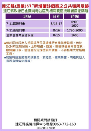 指揮中心18日公布7位確診者馬祖公共場所足跡,已由相關單位全面消毒,並分別匡列地區相關親密接觸者3人居家隔離。(圖:連江縣疫情指揮中心)