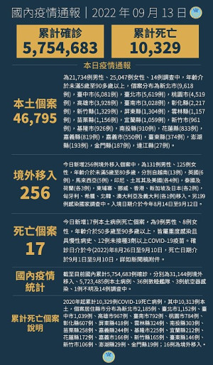 中央13日公布國內新增47051例COVID-19確定病例,分別為46795例本土個案及256例境外移入。(圖:中央流行疫情指揮中心)