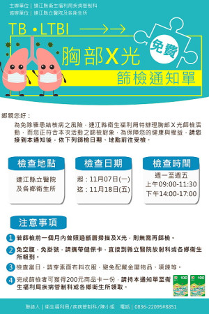 衛福局TB、LTBI胸部X光免費篩檢今下午5時結束,提醒收到通知民眾攜健保卡前往縣醫或衛生所受檢,完成者可獲200元商品卡。(圖:連江縣衛福局)