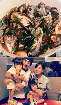 　上圖：演員修杰楷（女星賈靜雯老公）17日烹調白酒淡菜貼在臉書、微博，引起注目。下圖：修杰楷、賈靜雯夫婦與可愛2位女兒咘咘、Bo妞。（圖：修杰楷臉書）