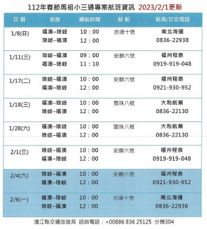 　交旅局公布1日更新112年春節馬祖小三通專案航班4日、6日航線、時段，及陸方入出境旅客健康二維碼。（圖：連江縣交旅局）