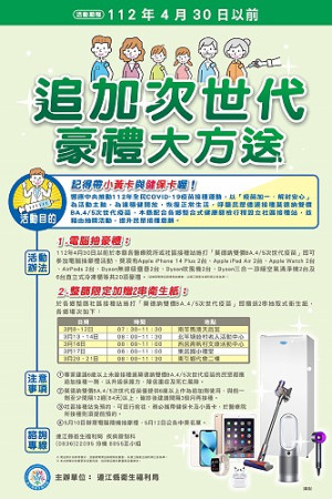 衛福局舉辦「追加次世代,豪禮大方送」,凡於4月30日前接種莫德納BA.4/5次世代疫苗,即可參加抽豪禮活動,社區接種站加贈2串衛生紙。(圖:衛福局)
