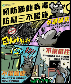 今年首例漢他病毒症候群現蹤,落實防鼠3不措施「不讓鼠來、不讓鼠住、不讓鼠吃」是預防漢他病毒最有效的方法。(圖:連江縣衛福局)