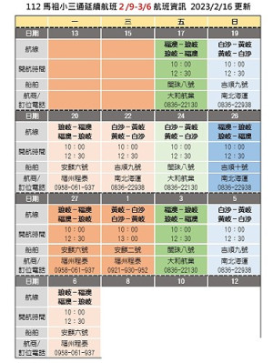 112年馬祖小三通延續航班2月19日至3月6日航班資訊。(製表:連江縣交旅局)