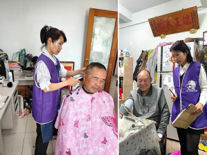 西莒保健志工陳瑞金定期為長者量血壓及修剪頭髮,深獲長者好評。(圖/文:宋幸儒)