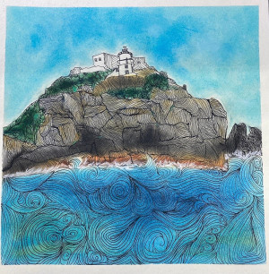 　粉彩與襌繞結合作品「海上看東引」。（陳素雲提供）