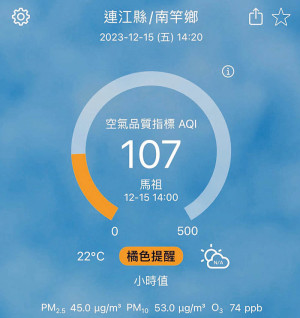 又見橘爆,環資局表示,15日上午空氣品質指標達107,近期已進入空污高峰期,敏感族群多注意,必要外出應佩戴口罩。(圖:連江縣環資局)
