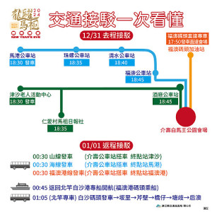 　為方便民眾前往跨年晚會會場，交旅局安排交通接駁專車及北竿鄉親夜航返回北竿專船、專車，歡迎鄉親、遊客多加利用。（圖：連江縣交旅局）