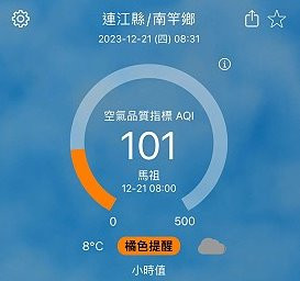 又見橘爆,環資局表示,21日空氣品質指標達101,近期已進入空污高峰期,敏感族群多注意。(圖:連江縣環資局)