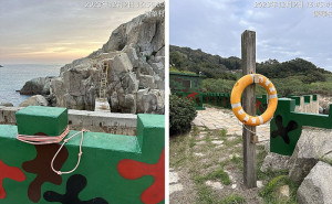 東引北海坑道外救生圈繩索疑遭釣客破壞使用,馬管處呼籲釣客自重,違者重罰。(圖:馬管處)