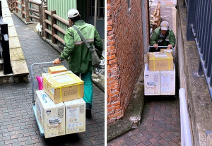 東引南澳聚落,小部分住宅區車輛無抵達,郵務人員只能採行繞道窄巷及借助推車分送包裹,工作特別辛苦。(圖/文:陳其敏)