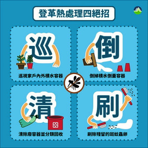 天氣逐漸炎熱,環資局籲請民眾落實「巡、倒、清、刷」清理居家內外環境,才可有效避免登革熱傳播。(圖:連江縣環資局)