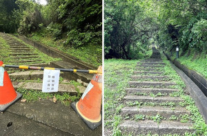 　習慣走福澳嶺步道的鄉親注意，受到連日天雨影響，步道中段發生路樹傾倒，縣府先以三角錐及警示牌放置兩側入口，提醒鄉親注意安全。（圖／文：曹重偉）