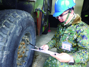 官兵檢查車輛胎壓測量值。（圖：邱彥愷）