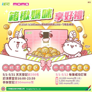鼓勵民眾網購使用i郵箱取件,中華郵政推出「箱揪媽咪享好禮」優惠,凡momo購物網選i郵箱取件,可參加萬元momo幣抽獎。(圖:中華郵政)