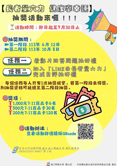 　衛生局推廣「長者量六力，健康享幸運」抽獎活動，加入「國健署長者量六力」LINE官方帳號，完成不同任務即有不同任務的抽獎機會。（圖：衛生局）