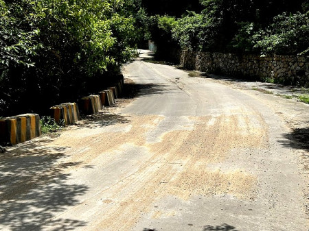 兩位女性遊客23日傍晚在文化路中山門及志清發電廠路段轉彎處發生意外,因地面殘留砂石而不慎摔車,圖為案發現場。(圖/文:曹重偉)