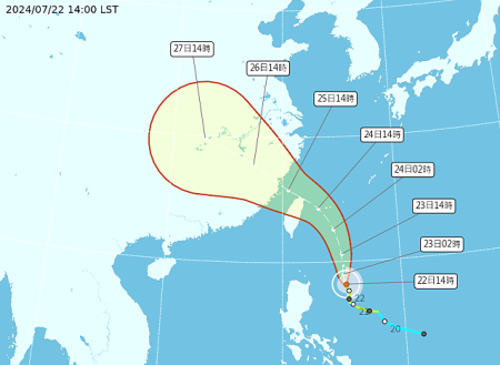 凱米22日下午增強為中度颱風,中央氣象署呼籲全臺及外離島應嚴加防範。(圖:中央氣象署)