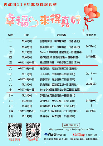 內政部113年「幸福,來得真好」單身聯誼活動,第11至15梯次將於8月5日起開放報名,歡迎馬祖地區單身朋友踴躍參加。(圖:連江縣政府)