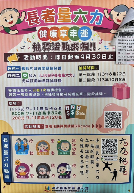衛生局推廣「長者量六力,健康享幸運」抽獎活動,加入「國健署長者量六力」LINE官方帳號,完成不同任務即有抽獎機會。(圖:衛生局)