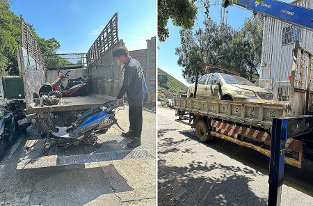 改善縣內廢棄車輛亂象,連江縣環資局持續會同相關加強無牌廢棄車輛的聯合稽查、通報、公告及拖吊作業,提升環境品質。(圖:連江縣環資局)