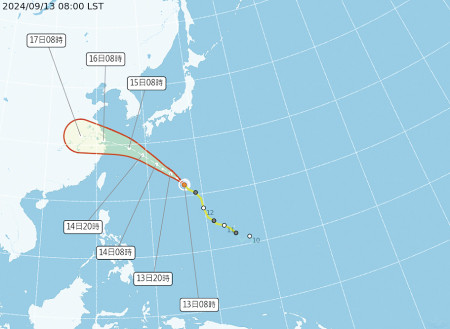 輕颱貝碧佳從馬祖東北部通過,15至16日將帶來長浪影響。(圖:中央氣象署)