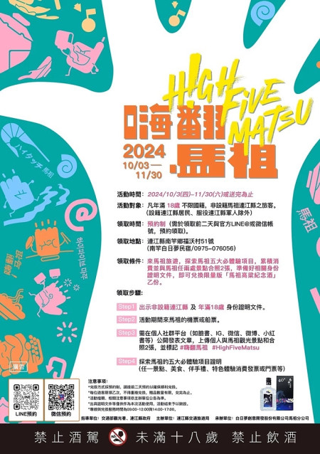 推廣離島國旅,「嗨翻馬祖」國際贈酒活動再加碼!歡迎遊客來馬祖兌換限量高粱酒。(圖:交旅局)