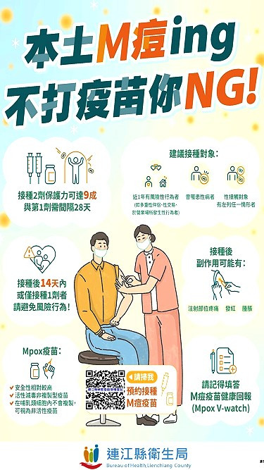 國內外M痘疫情持續升溫,衛生局呼籲符合條件民眾盡速施打疫苗,縣立醫院可提供接種服務,民眾有接種意願可先致電衛生局登記。(圖:衛生局)