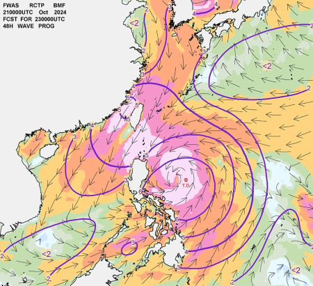 受到颱風及東北季風雙重影響,馬祖海域今起一連3天將出現8級以上風浪。(圖:中央氣象署)