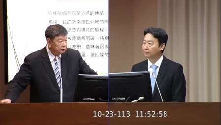 立委陳雪生23日針對馬高航線轉為固定航線可行性,向交通部長陳世凱提出質詢。(圖:立法院直播頻道)