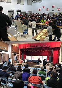 (上圖)莒光鄉選情激烈,東莒國小綜合教室第8開票所匯集滿了人潮,場內被擠得水洩不通。(圖/文:蔡夢玲);(下圖)五合一選舉結束,西莒第七投開票所平和順利。(圖/文:宋幸儒)