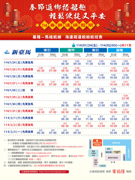 交通部航港局提供春節連假期間新臺馬輪船舶班表,請鄉親旅客妥善利用。(圖:交通部航港局)