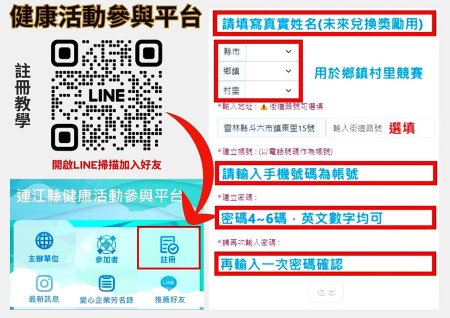 衛生局建置連江縣健康活動參與平台,結合手機端LINE註冊使用,智慧科技打造馬祖健康島嶼,1月31日前完成註冊可獲獎勵。(圖:連江縣衛生局)