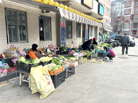 獅子市場進行地坪與排水工程,一樓攤商因施工無法營業,蔬果菜販移至側面擺攤。(圖/文:曹重偉)