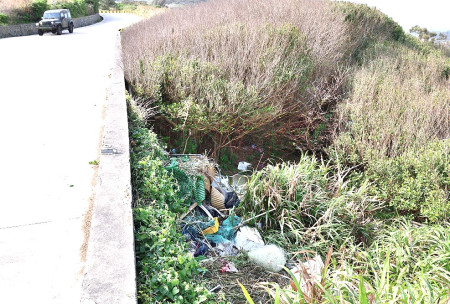 　東引日前發生大白天濫倒垃圾於路邊的不法情事，被網友蒐證公佈在社群平台上。鄉公所將加強派員巡查，避免該處再遭棄置廢棄物。（圖／文︰陳其敏）