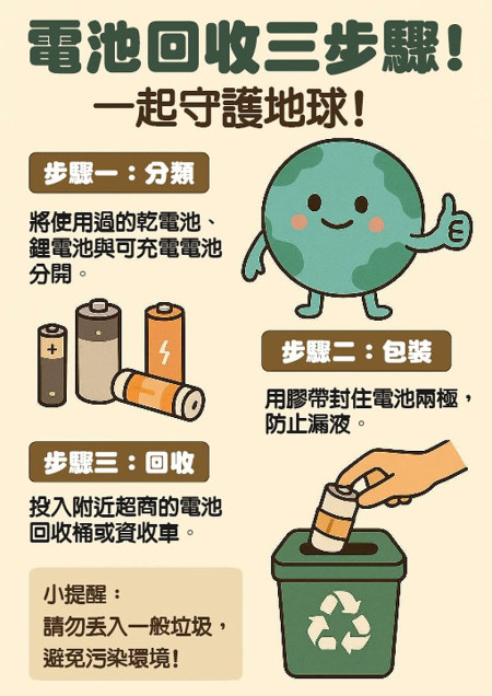 透過廢電池回收三步驟,一同守護家園。(圖:連江縣環境資源局)