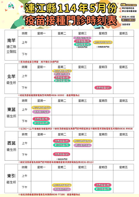 114年5月疫苗接種門診時刻表。(圖:連江縣衛生局官網)