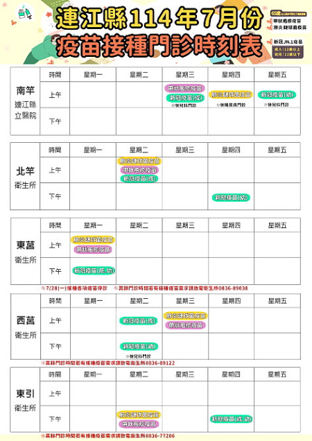 114年7月疫苗接種門診時刻表,請民眾多加留意。(圖:衛生局)