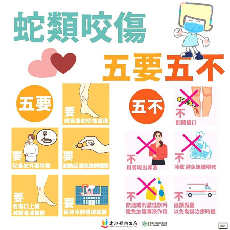 被蛇類咬傷時遵循「五要五不」,妥善處理傷口維護安全。(圖:衛生局)