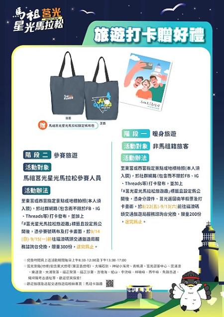 2025年馬祖莒光星光馬拉松加碼送好禮,只要符合相關規則,即可兌換馬祖莒光星光馬拉松限定帆布包1個,數量有限,送完為止。(圖/文:宋幸儒、交旅局)