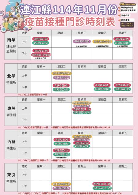 11月1日第二階段公費流感及新冠疫苗開打，50至64歲無高風險慢性病成人可前往施打；衛生局公告11月各鄉接種門診時刻表。（圖：連江縣衛生局）