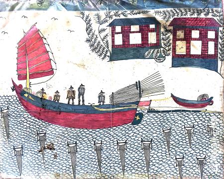 馬祖女兒、臺師大圖文傳播學系教授曹筱玥VR新作《海之彼岸》榮獲美國洛杉磯電影獎（LAFA）最佳虛擬實境獎；下圖為素人藝術家曹常泰所繪製的拍楸。（圖：曹筱玥提供）