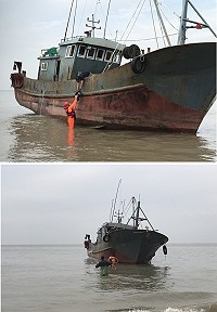 海洋委員會海巡署金馬澎分署第十岸巡隊28日發現大陸鐵殼漁船在馬祖仁愛村海域擱淺,提供人道救援協助其平安脫困。(圖:馬祖海巡隊)