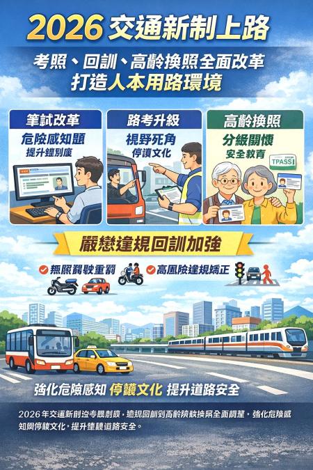 2026年交通新制從考照制度、違規回訓到高齡駕駛換照全面調整，強化危險感知與停讓文化，透過分級關懷與制度管理，提升整體道路安全。（圖：AI自製／文鄭禮頤）