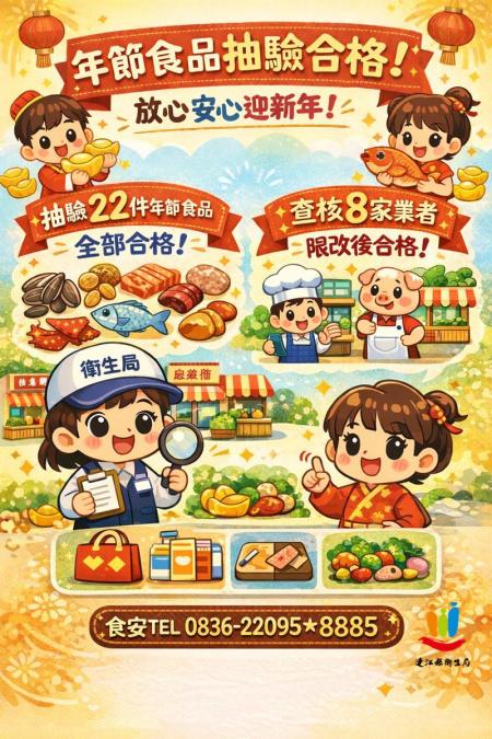 為保障鄉親食安健康，衛生局於年前抽驗22件年節食品，結果全數合格；另稽查8家業者環境與產地標示，經輔導後複查均已達標。（圖：連江縣衛生局）