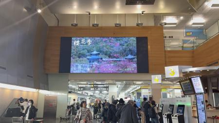 交旅局在主要交通樞紐廣告牆投放宣傳影片。