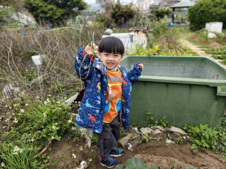 塘岐幼兒園彩虹班前往怡園認識與體驗拔野蔥，孩子們動手採摘並開心展示收穫，在田野間學習在地食材。（圖／文：鄭禮頤）
