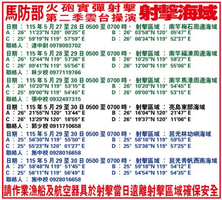 馬防部火砲實彈射擊第二季雲台操演射擊海域