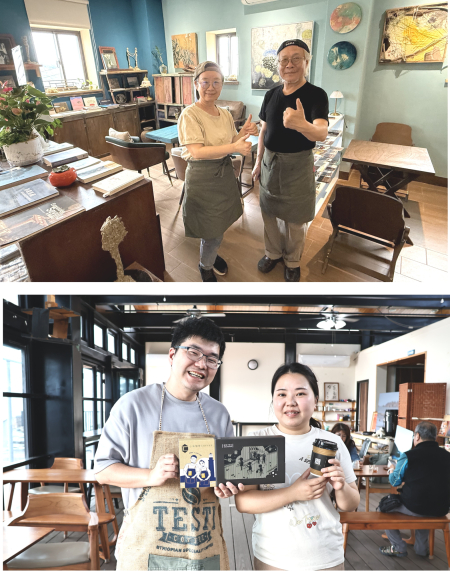 上圖：馬祖藝術家曹楷智、李若梅夫婦將百年祖宅華麗轉譯，打造「小島宇宙」咖啡廳，宛如隱身聚落的微型美術館。下圖：「小柒咖啡」進駐南竿媽祖園區廣場，推出主打看海、留白的「無事SEESEA」，用島嶼慢活的生活步調帶給旅人純粹體驗。（圖／文：王致潔）