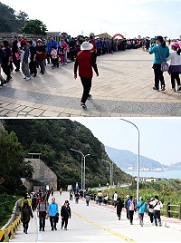 　衛生福利局1日結合國際志工日舉辦關懷弱勢有您真好健行活動，吸引700位爆滿鄉親共襄盛舉；只見晚到的民眾還沒到刺鳥，早出發的民眾已經開始折返了，形成雙向道路都有民眾在健行的趣味鏡頭。（圖／文：曹重偉）